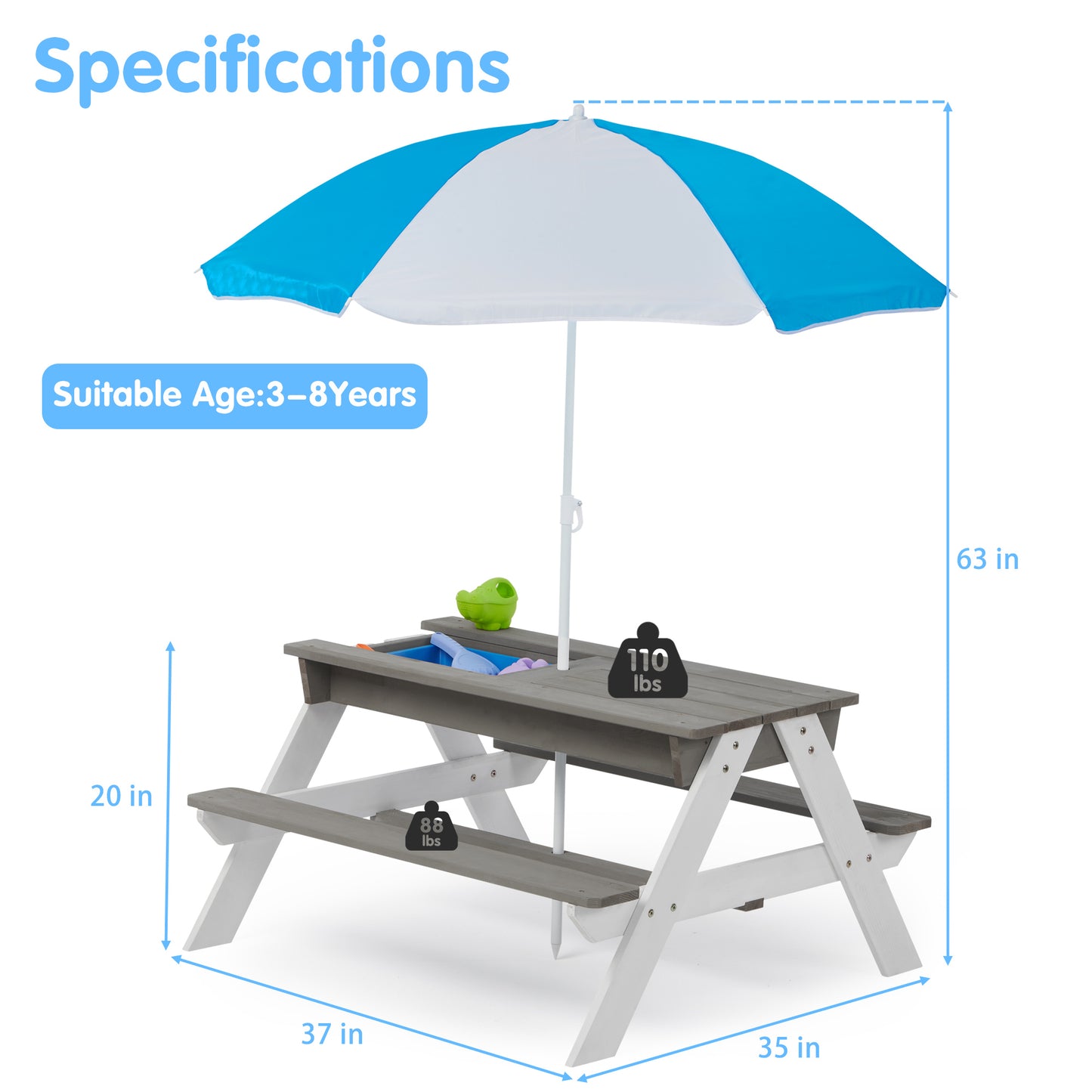 3-in-1 Children's Outdoor Wooden Picnic Table With Umbrella, Convertible Sand And Water, And 7 Plastic Toys