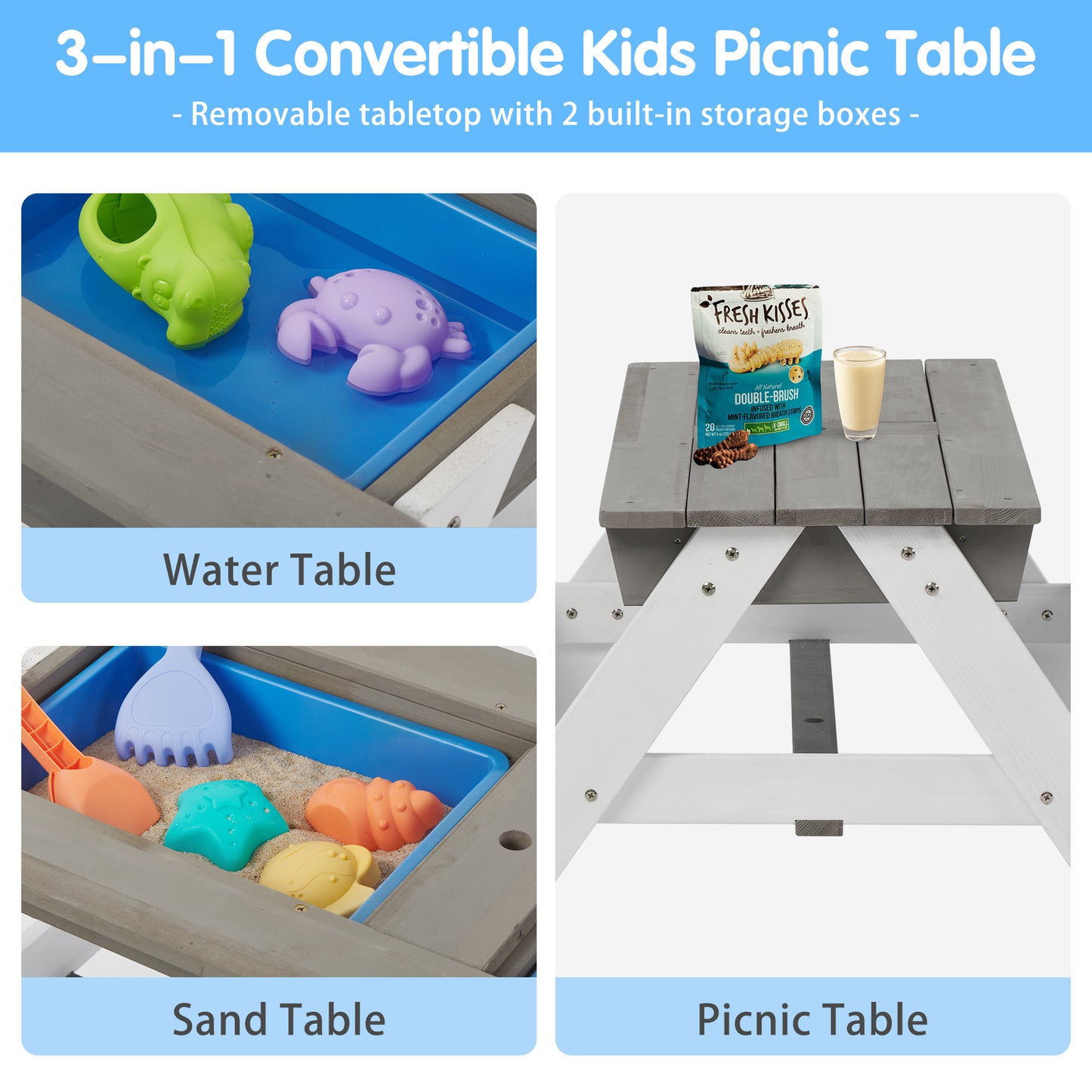 3-in-1 Children's Outdoor Wooden Picnic Table With Umbrella, Convertible Sand And Water, And 7 Plastic Toys